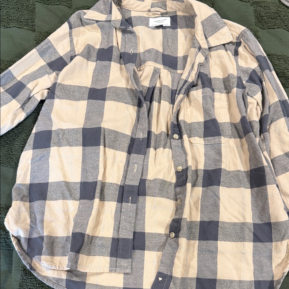 American Eagle Outfitters Navy and Beige Checkered Shirt